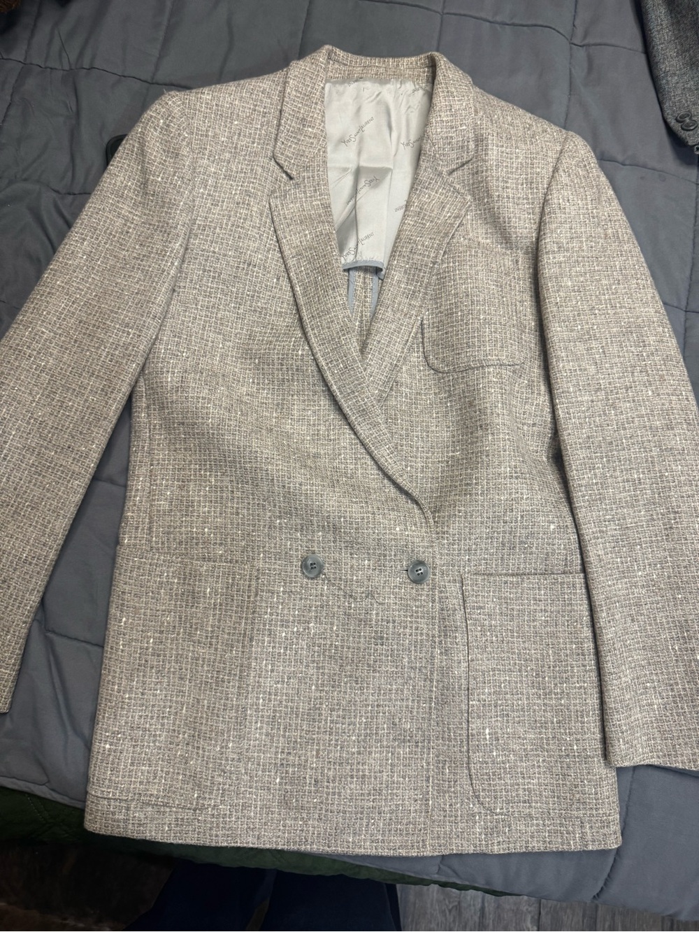 Mens Double-Breasted Tweed Blazer Jacket in Light Graye
